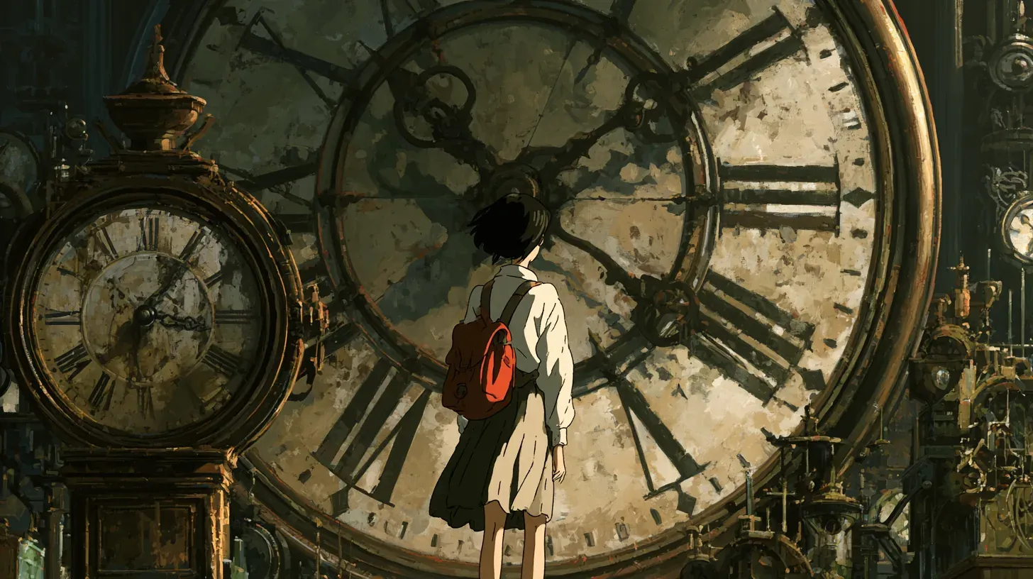 Illustration of a person standing between two large mismatched clocks, one with slow sweeping hands labeled for a ten-year forecast and one spinning rapidly labeled for real-time hiring data