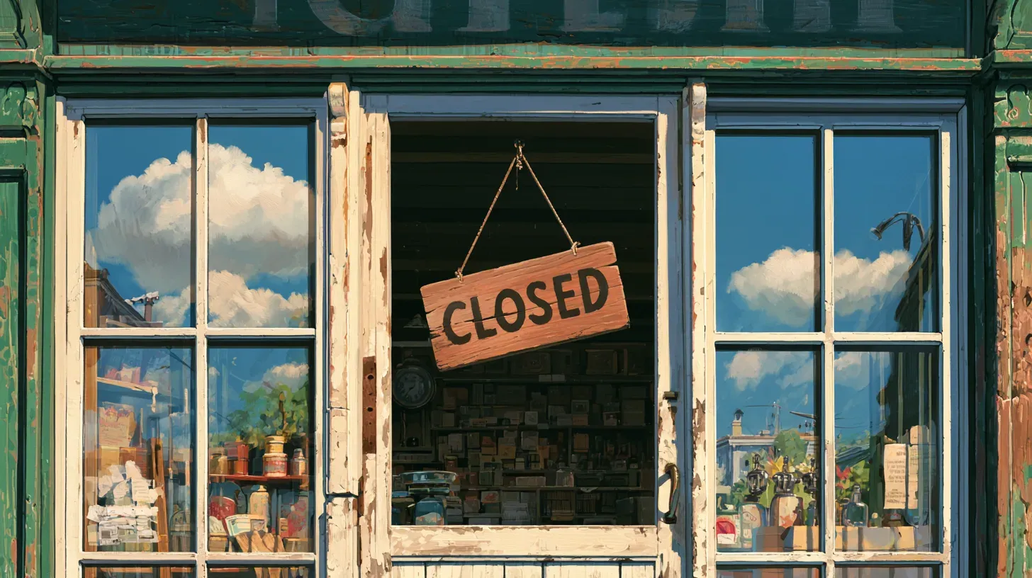 Illustration of a storefront window with a wooden hand-lettered 'Closed' sign hanging in the door