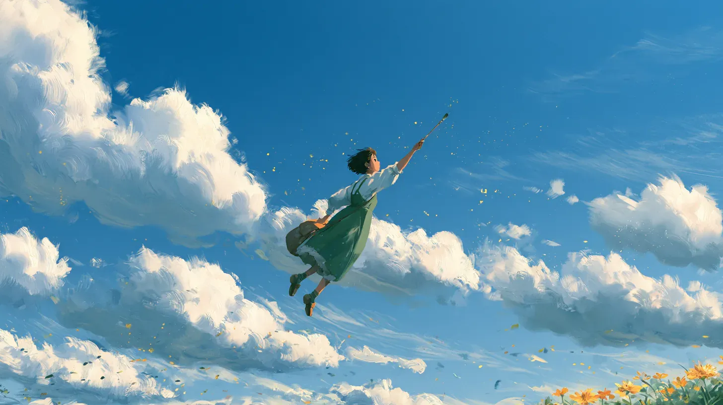 Painted illustration of a woman flying through a bright cloudy sky, one arm outstretched with a paintbrush, being carried along faster than she can steer