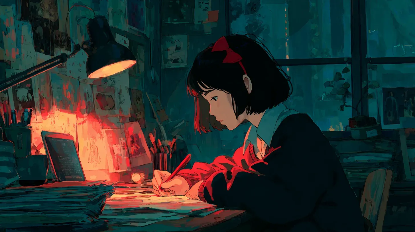 Illustration of a woman writing at a lamp-lit desk covered in stacked printed job postings