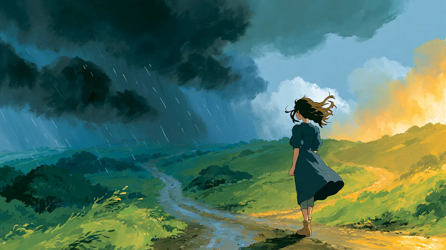 Illustration of a young woman standing at a fork in the road, one path stormy and dark, the other bright and sunny