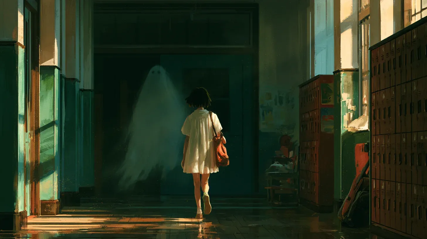 Illustrated woman walking down a dim school hallway past a translucent ghost lingering in a doorway