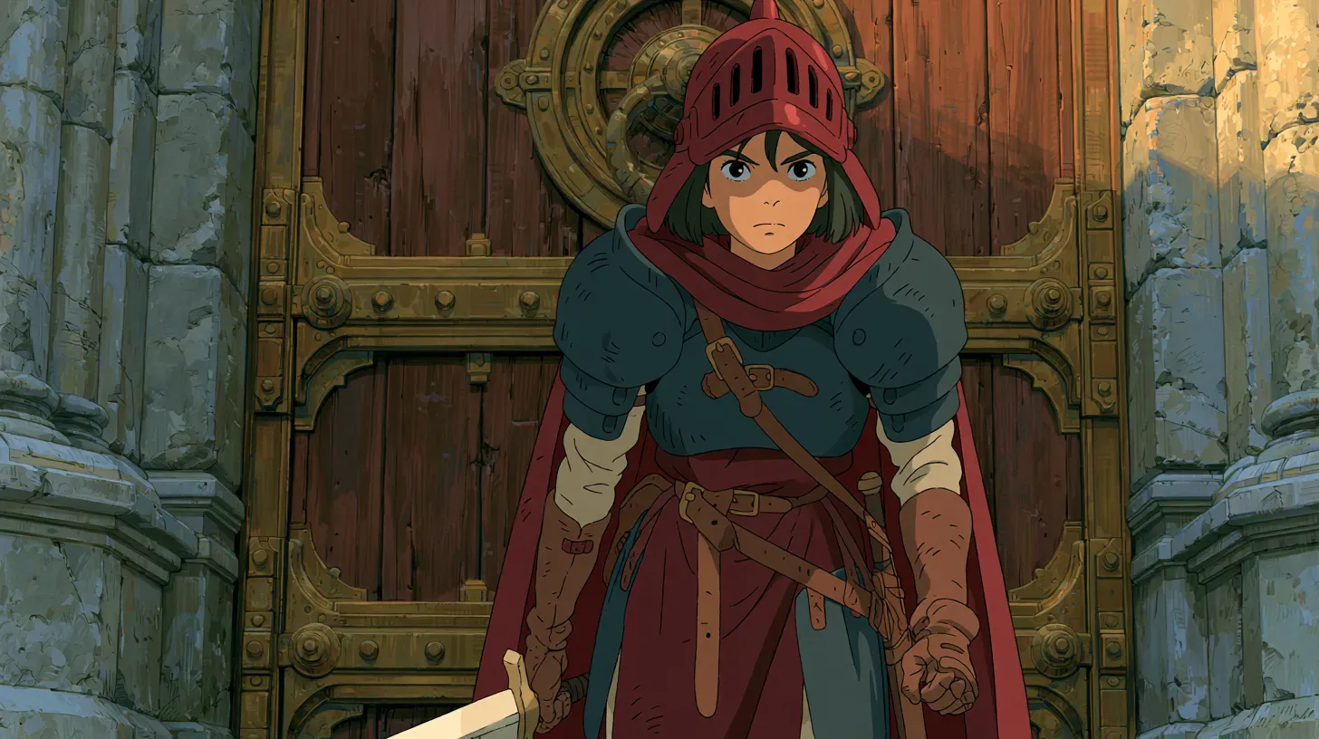 Illustrated knight in red and blue armor standing at attention before a large ornate door, sword in hand