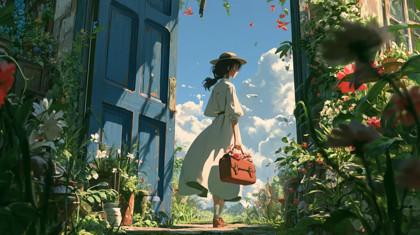 Illustration of a young woman in a straw hat carrying a suitcase, walking away through an open blue door into a bright garden