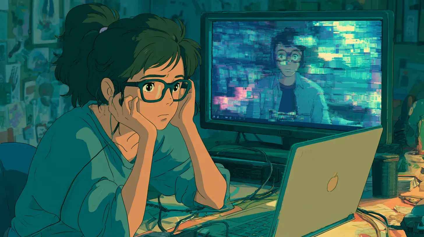 Illustration of a job candidate on a video call with a glitching AI interviewer avatar repeating the same phrase on loop