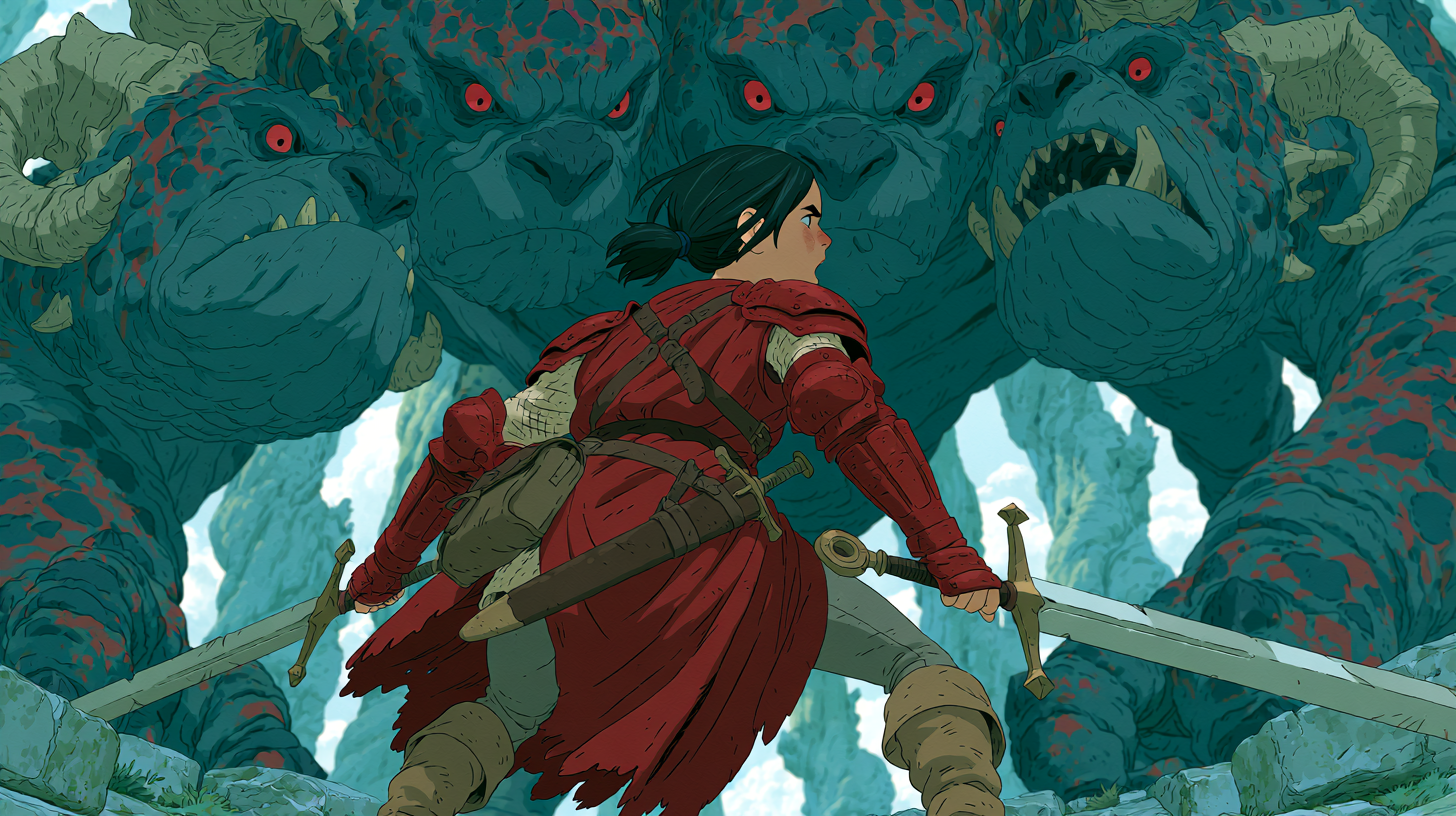 Illustrated warrior facing down a wall of towering, red-eyed monsters, swords drawn