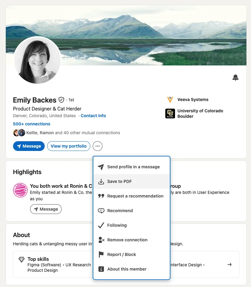 LinkedIn profile dropdown menu open, with "Save to PDF" highlighted below "Send profile in a message"
