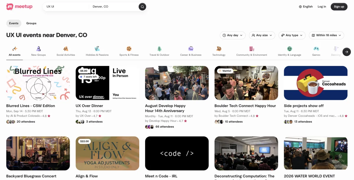 Meetup search results for "UX UI" events near Denver, CO, showing a grid of upcoming meetups including happy hours, a "Blurred Lines" product/UX/tech mixer, and a side-projects show-off event