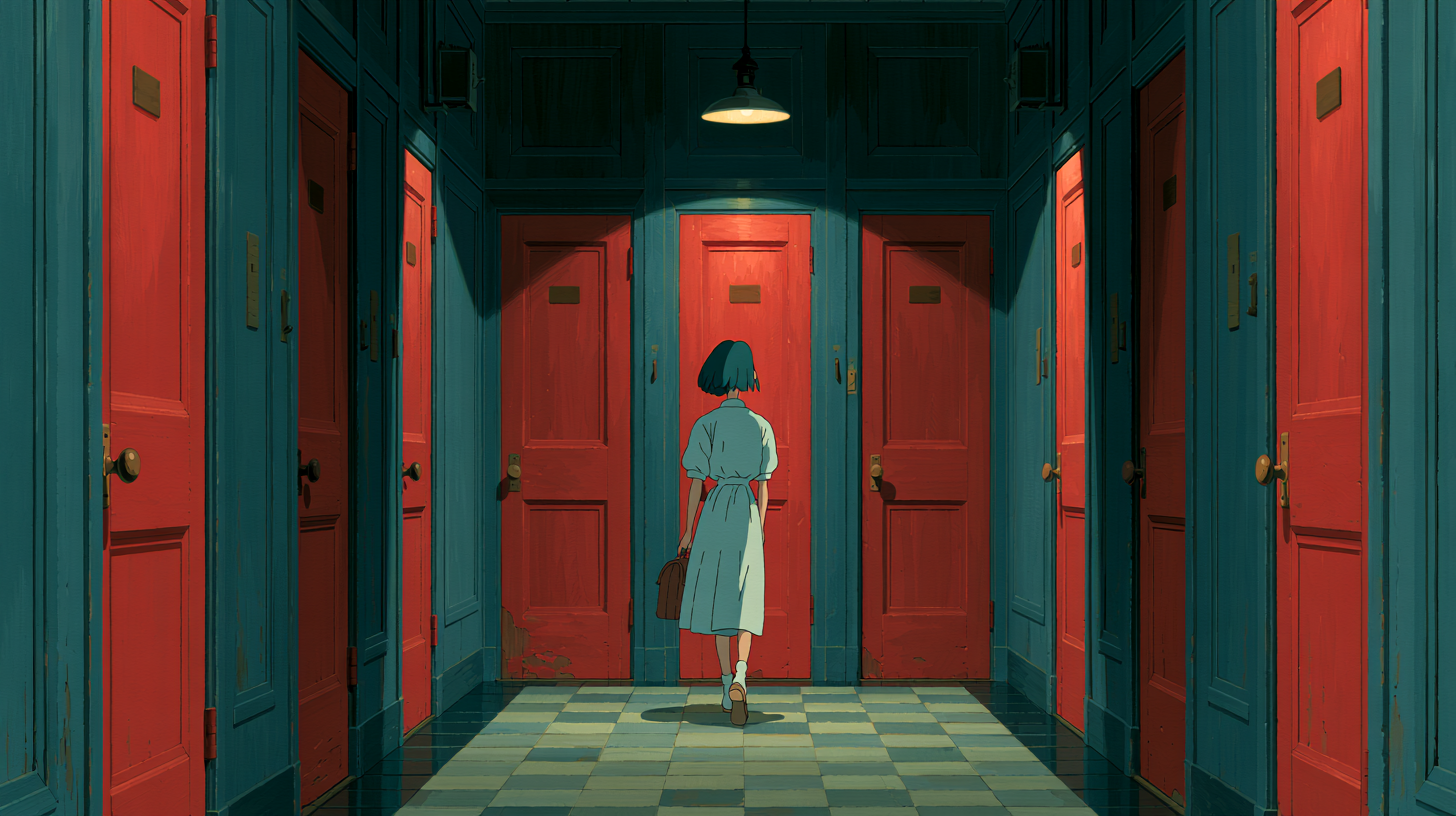 Illustration of a candidate with a briefcase walking down a long hallway lined with red interview room doors