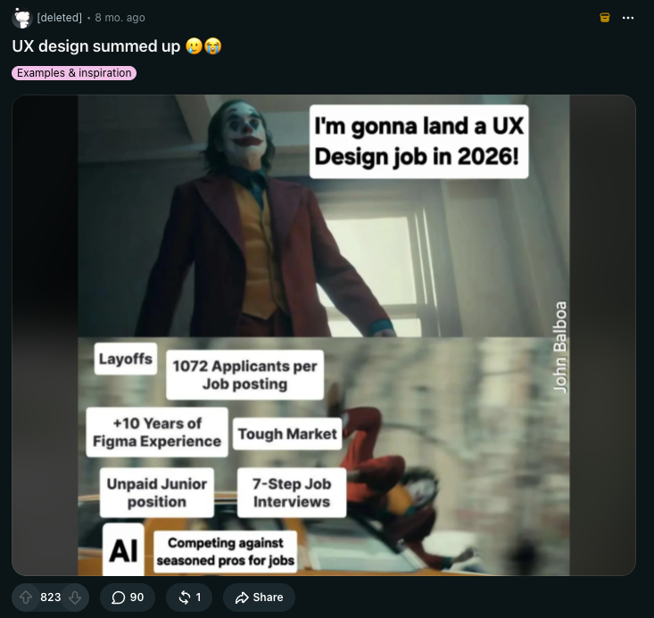 Meme titled 'UX design summed up' using the Joker film: a figure confidently declares 'I'm gonna land a UX Design job in 2026!' then is beaten down by labels reading Layoffs, 1072 Applicants per Job Posting, +10 Years of Figma Experience, Tough Market, Unpaid Junior position, 7-Step Job Interviews, and AI: Competing against seasoned pros for jobs