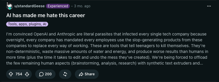 Reddit post titled 'AI has made me hate this career,' an experienced designer describing feeling forced to offload brainstorming, analysis, and research to AI tools they consider non-deterministic and lower quality than human work