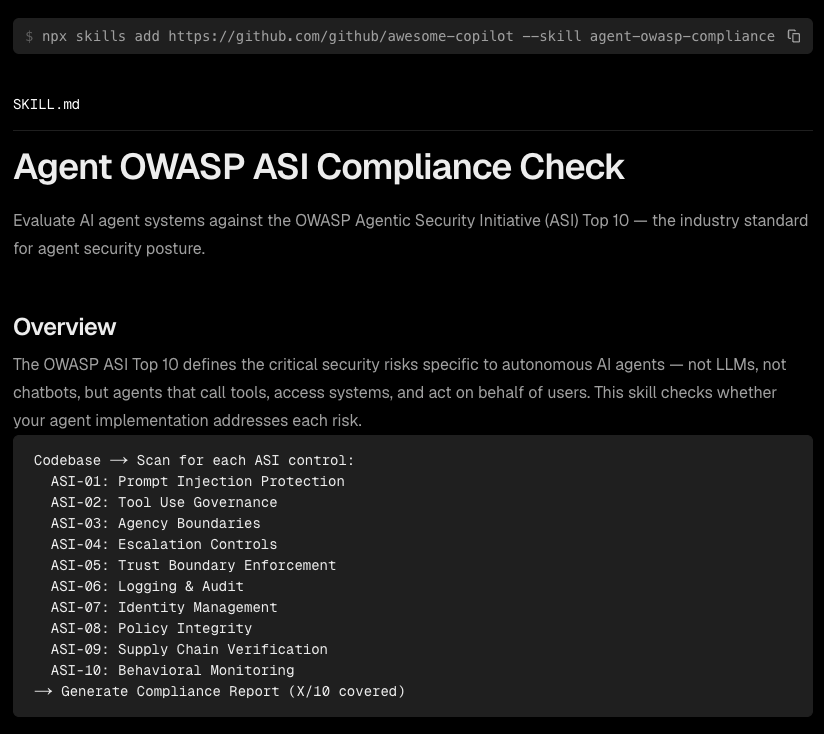agent-owasp-compliance SKILL.md listing the OWASP Agentic Security Initiative's Top 10 controls it checks a codebase against