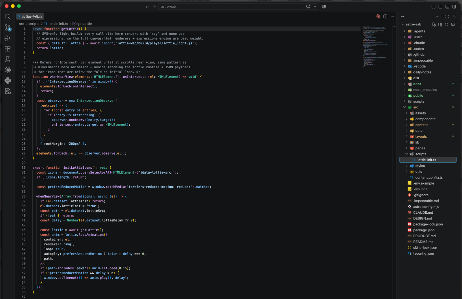 VS Code open on this site's repo, with .claude and .codex configuration folders visible in the file tree alongside the usual project folders
